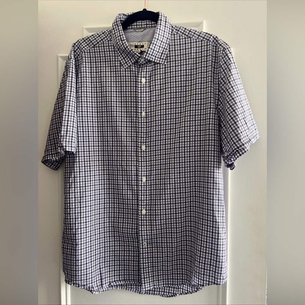 Joseph Abboud Mens L Short Sleeve Plaid Shirt 54% Cotton 46% Tencel Purple White